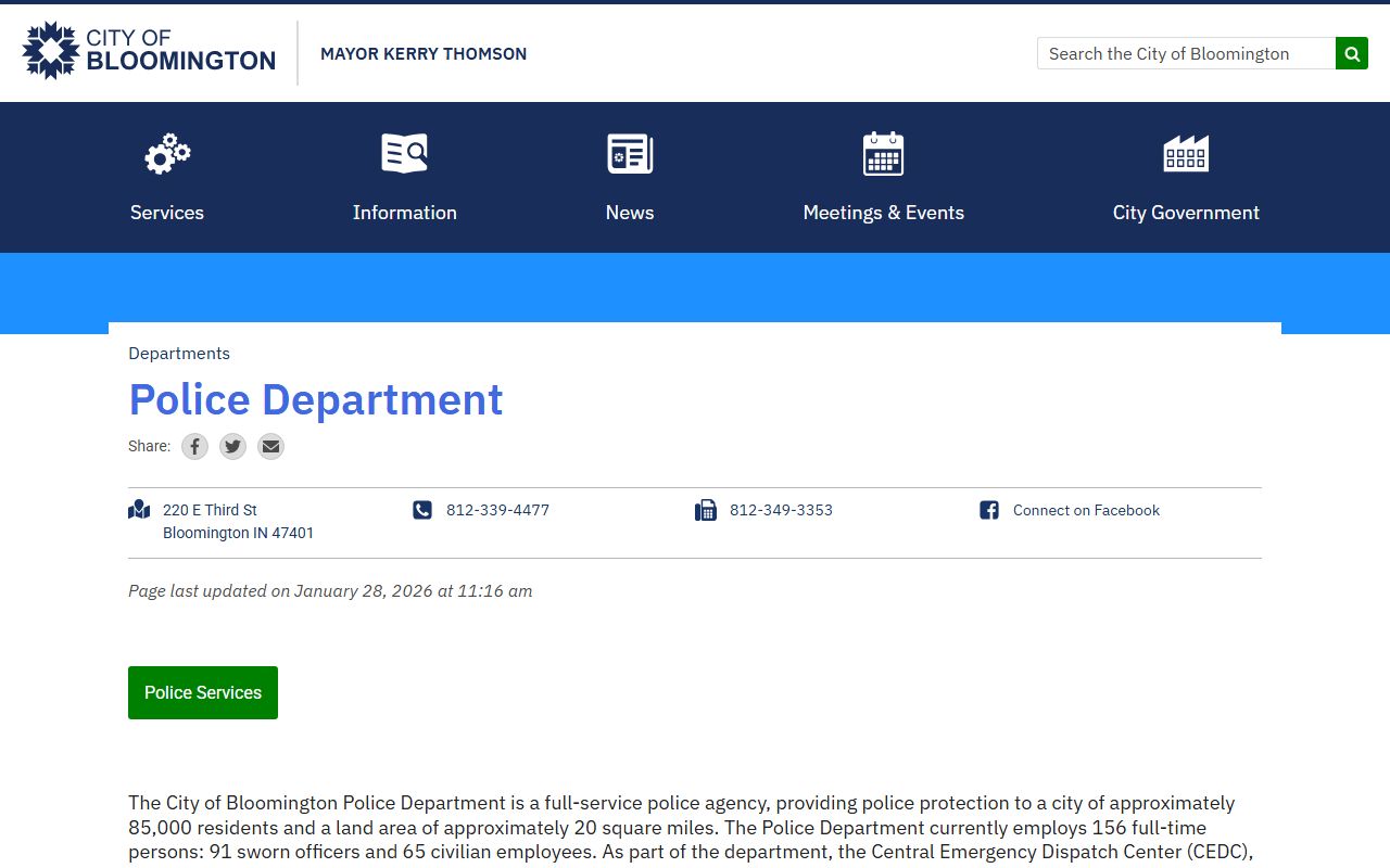 Bloomington Police Department homepage with jail mugshots search options