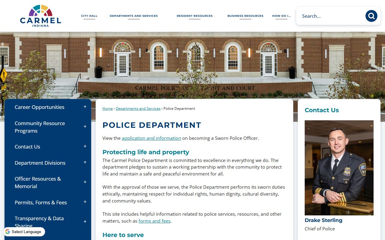 Carmel Indiana Police Department homepage for jail mugshots and records search