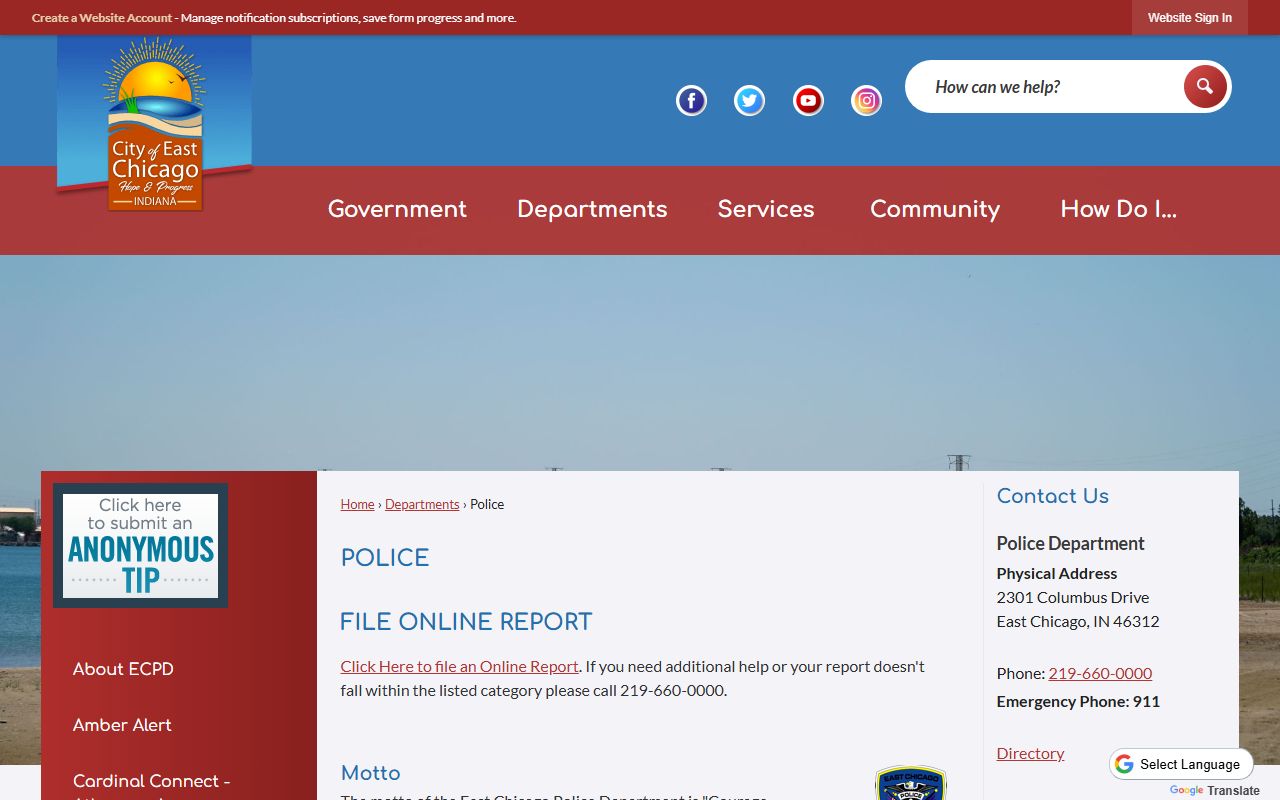 East Chicago Indiana Police Department homepage for jail mugshots and booking records
