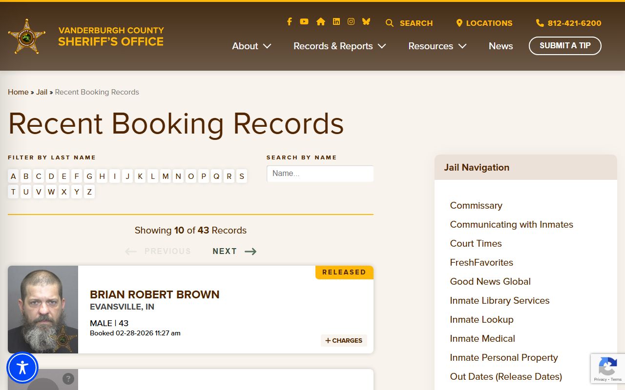 Vanderburgh County Sheriff recent bookings showing Evansville jail mugshots and charges