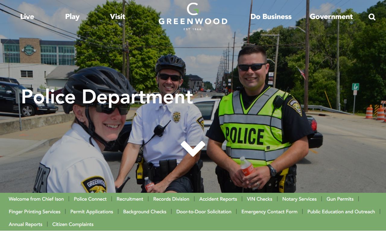 Greenwood Indiana Police Department homepage for jail mugshots and arrest record search