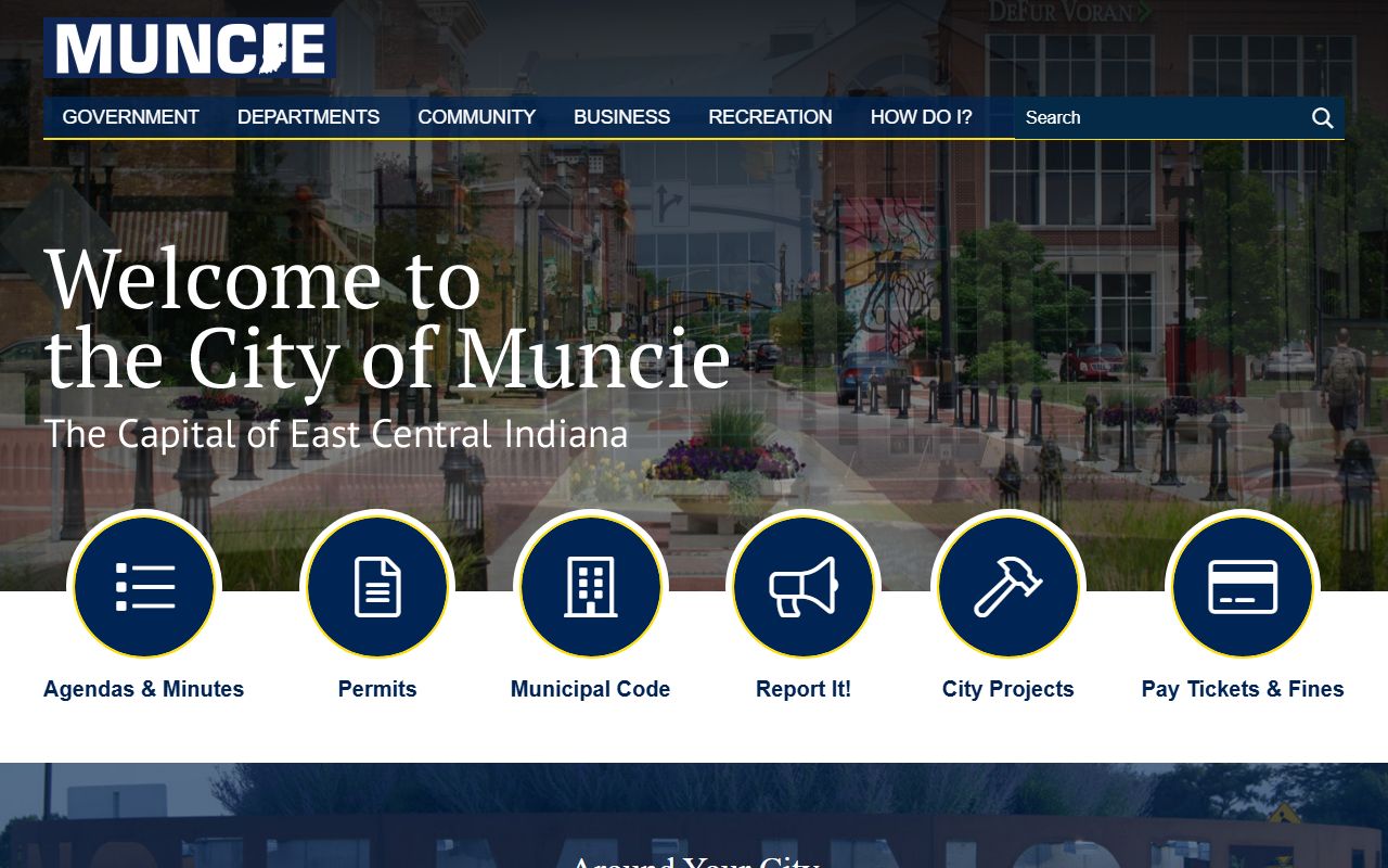 Muncie city website homepage related to Muncie Police Department and jail mugshots