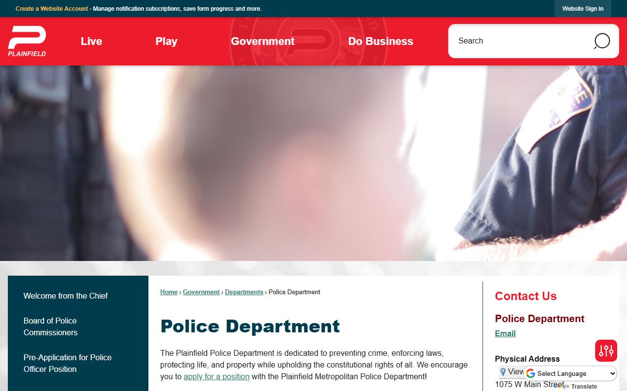 Plainfield Police Department website for Plainfield jail mugshots and local arrest records