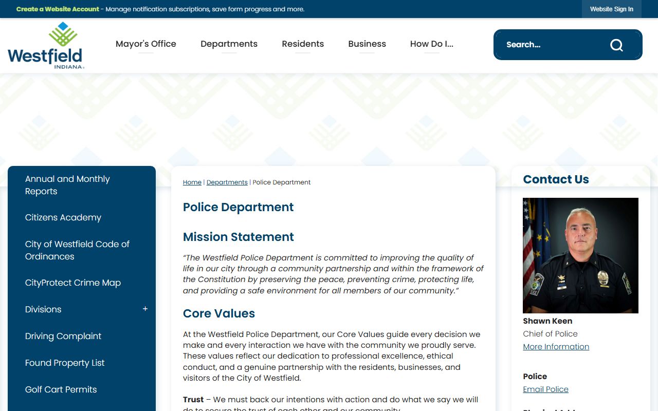 Westfield Police Department website for Westfield jail mugshots and local arrest records