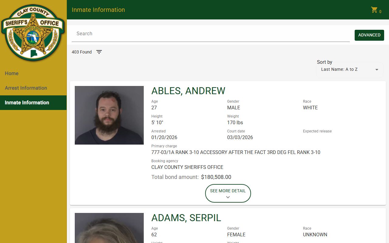 Clay County inmate catalog P2C Clay County jail mugshots
