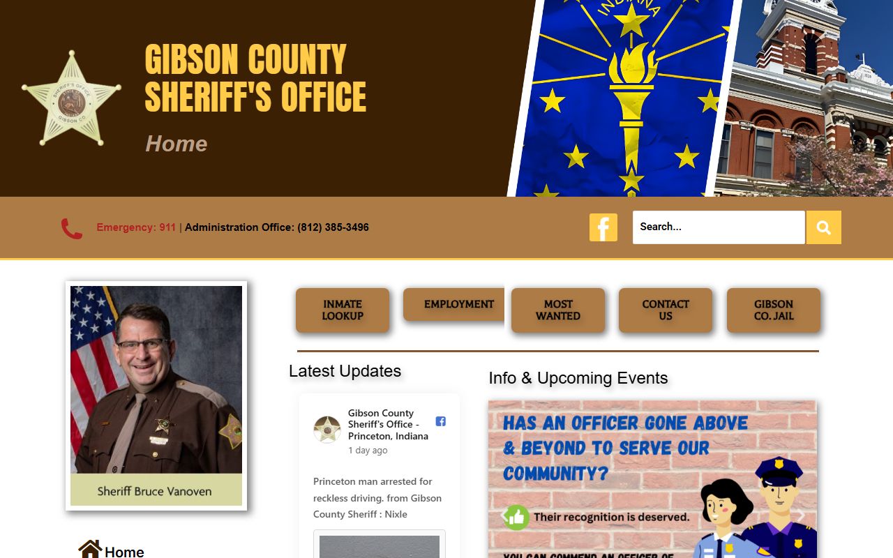 Gibson County Sheriff homepage showing inmate lookup and arrest records