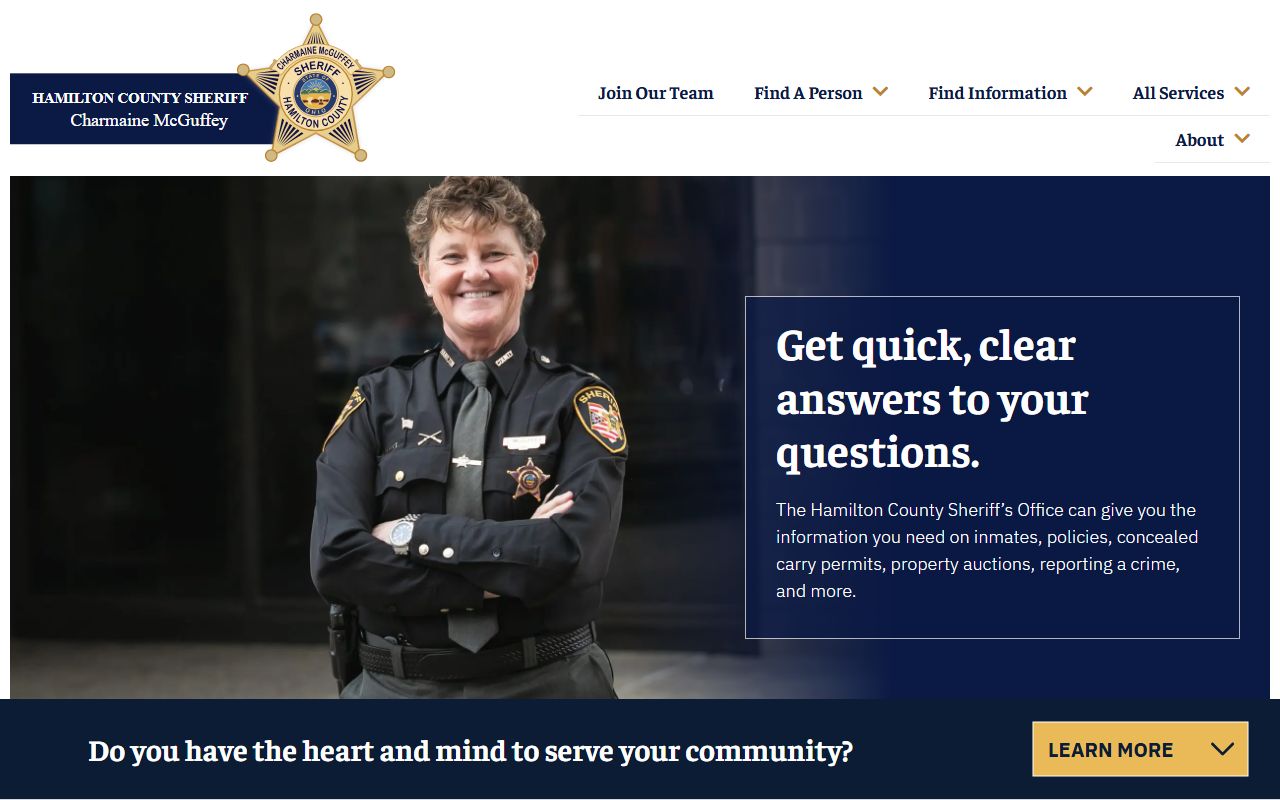 Hamilton County Sheriff Office homepage showing inmate search and Justice Center services