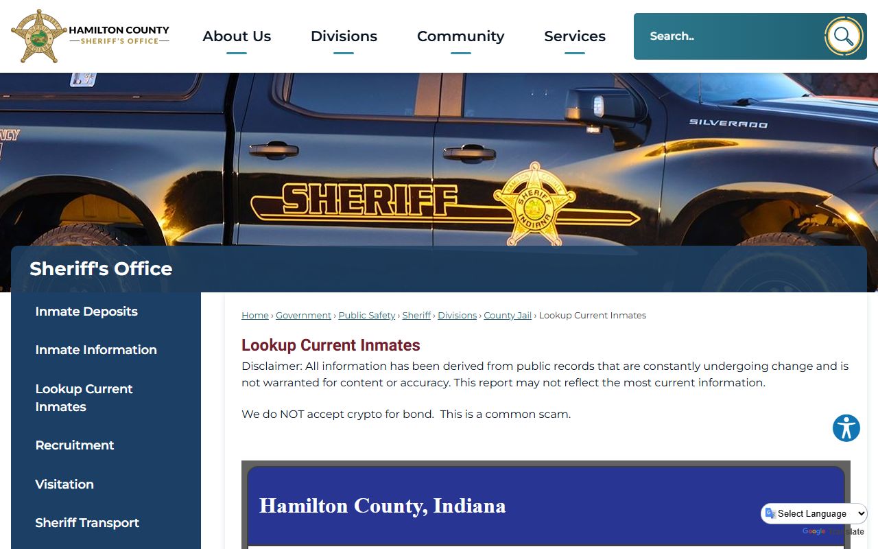 Hamilton County government inmate lookup page for current jail roster