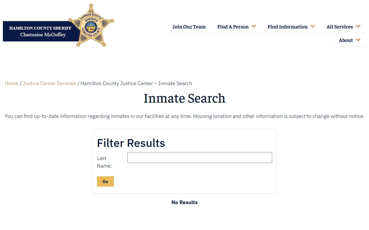 Hamilton County Sheriff inmate search page showing booking photos and custody details