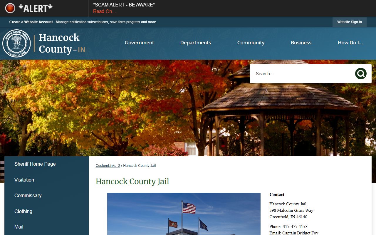Hancock County Jail page showing visitation scheduling and inmate information