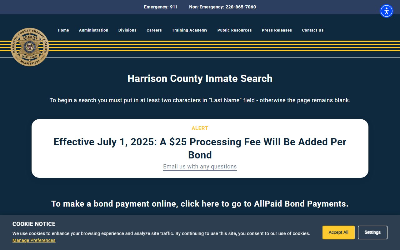Harrison County Sheriff inmate search page showing the online jail docket