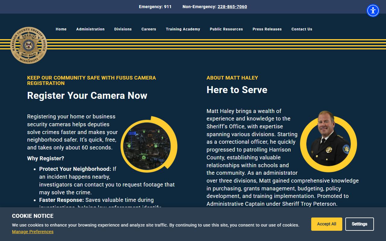 Harrison County Sheriff homepage showing online inmate search and jail docket