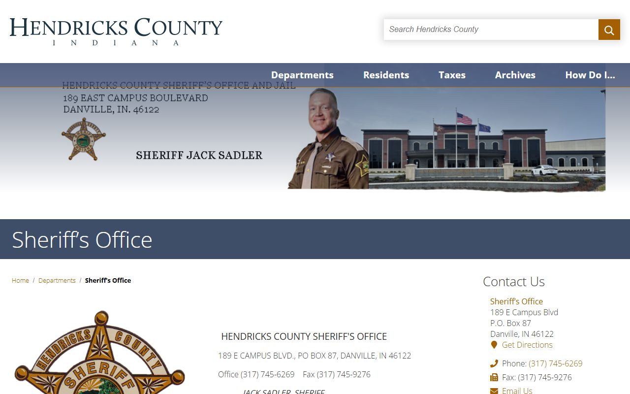 Hendricks County Sheriff Office homepage showing jail division and booking records