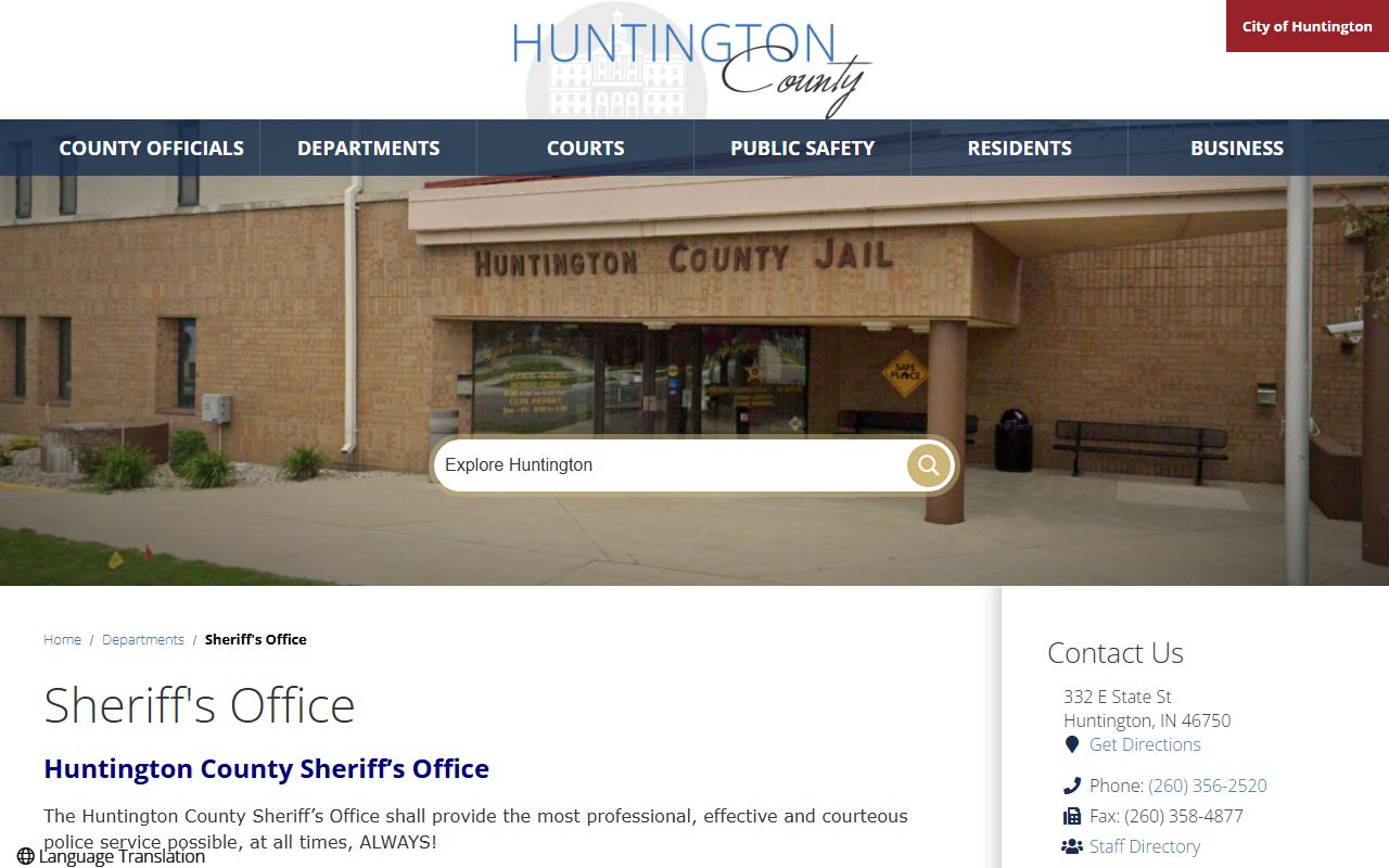 Huntington County Sheriff homepage showing jail information and booking records