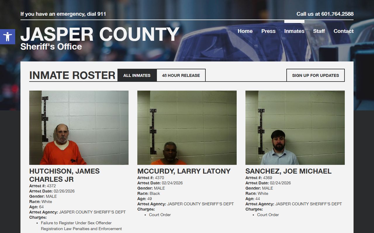 Jasper County Sheriff inmate roster showing jail mugshots and booking records