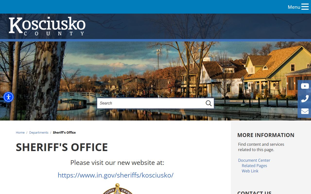 Kosciusko County Sheriff's Office homepage showing access to jail mugshots and AIS inmate search in Warsaw