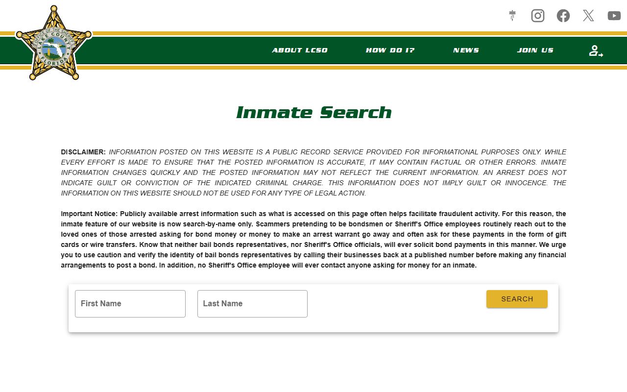 Lake County Sheriff inmate search tool for finding jail mugshots and booking records by name