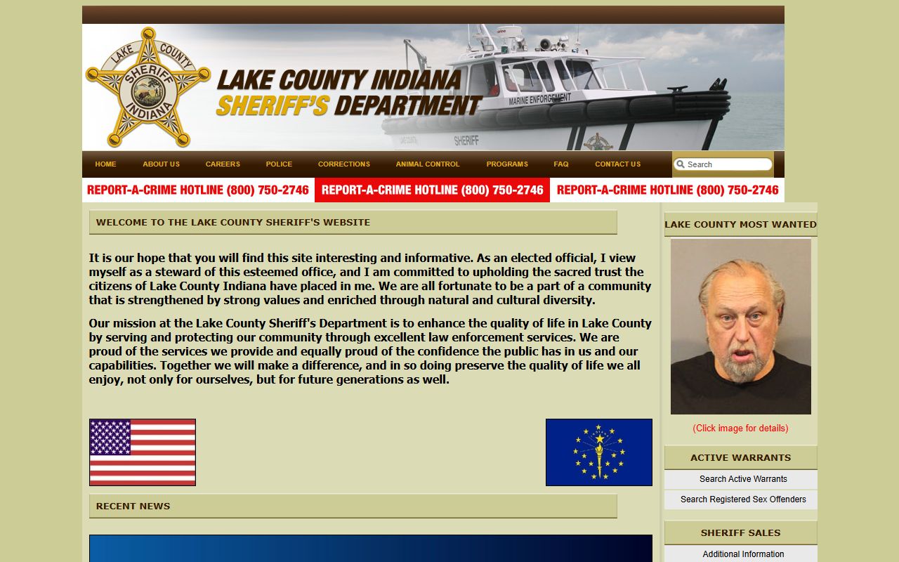 Lake County Sheriff's Office homepage for accessing jail mugshots and inmate search in Crown Point, Indiana