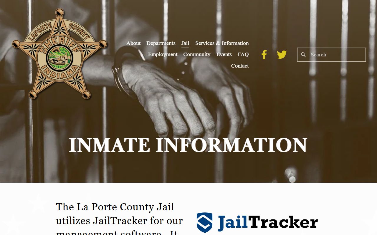 LaPorte County Sheriff's Office homepage providing access to JailTracker and AIS inmate information system
