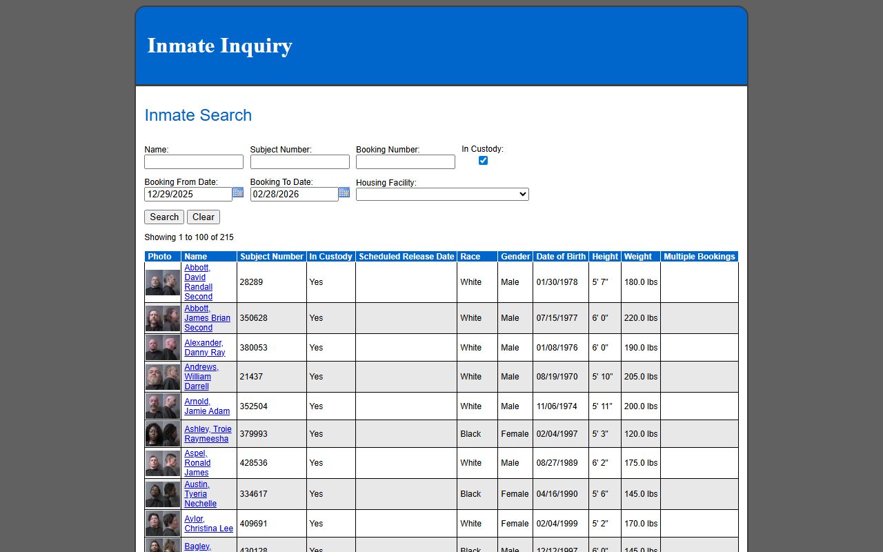 Madison County Jail inmate inquiry portal showing booking records and jail mugshot information