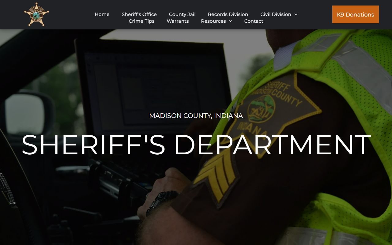 Madison County Sheriff's Office homepage providing access to jail mugshots and inmate inquiry system in Anderson