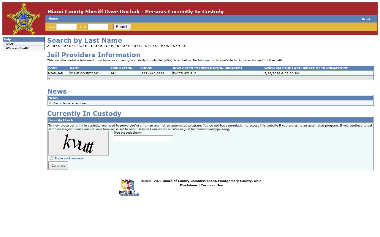 Miami County detention facility inmate roster showing jail mugshots and booking records in Peru, Indiana