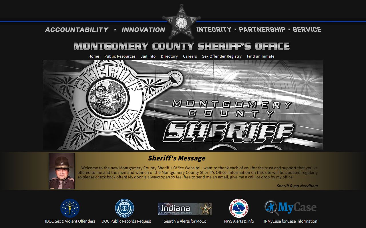 Montgomery County Sheriff's Office homepage with JailTracker inmate search link