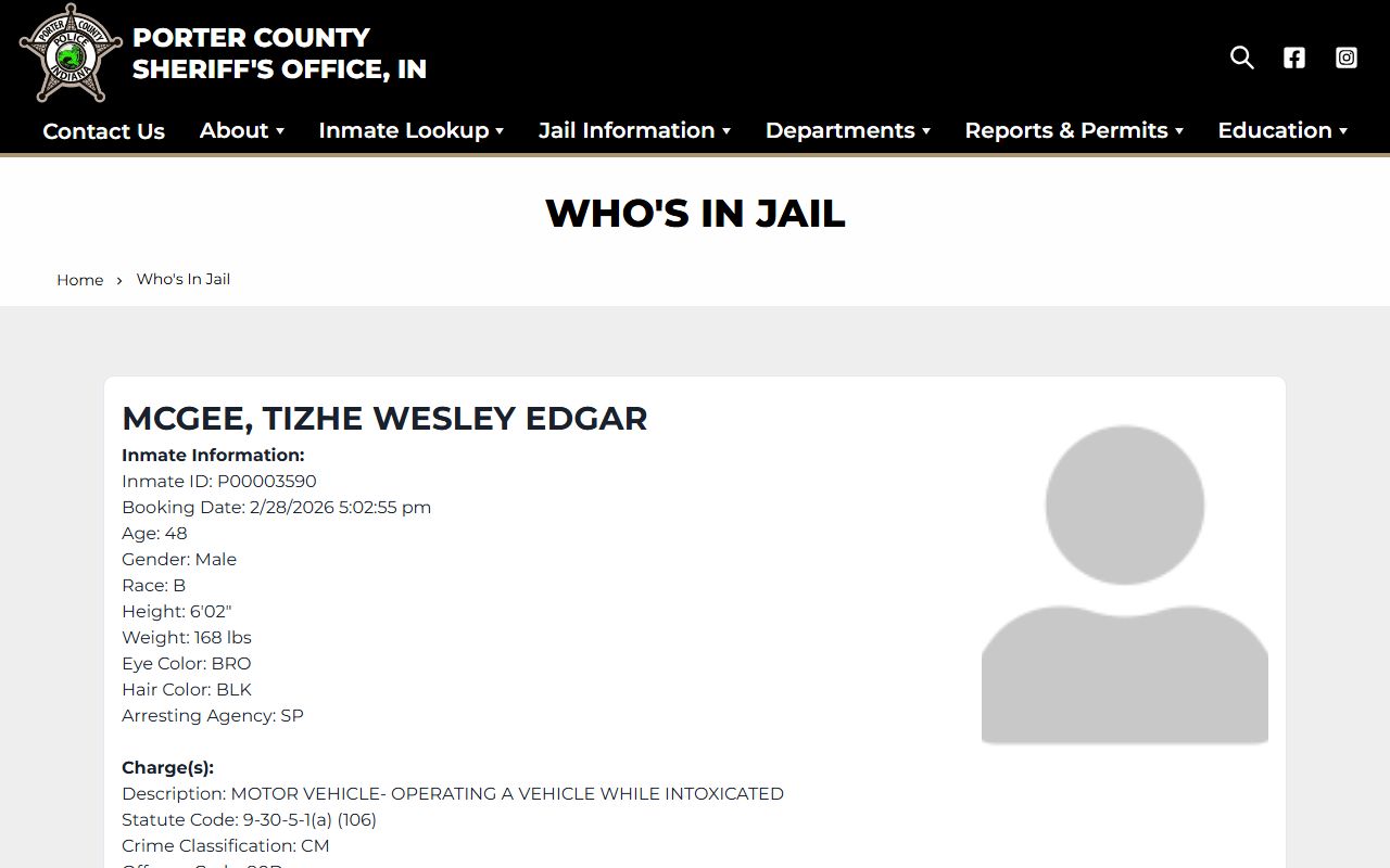 Porter County Sheriff Who's In Jail search tool Porter County jail mugshots