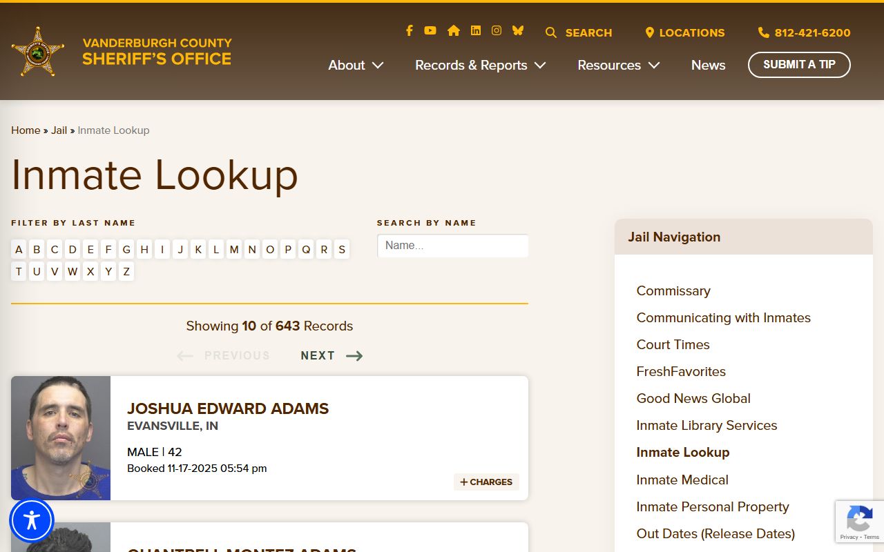 Vanderburgh County Sheriff inmate lookup tool Evansville Indiana jail mugshots