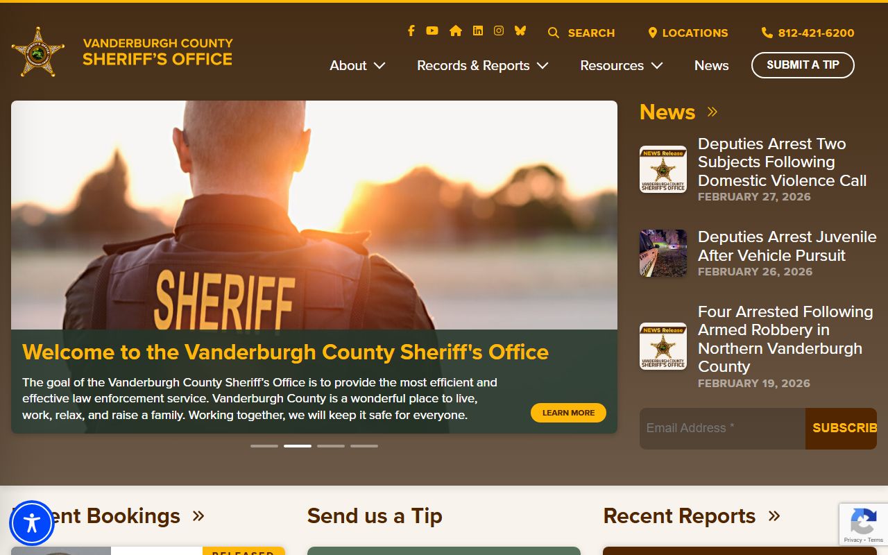 Vanderburgh County Sheriff homepage Evansville Indiana jail mugshots inmate search