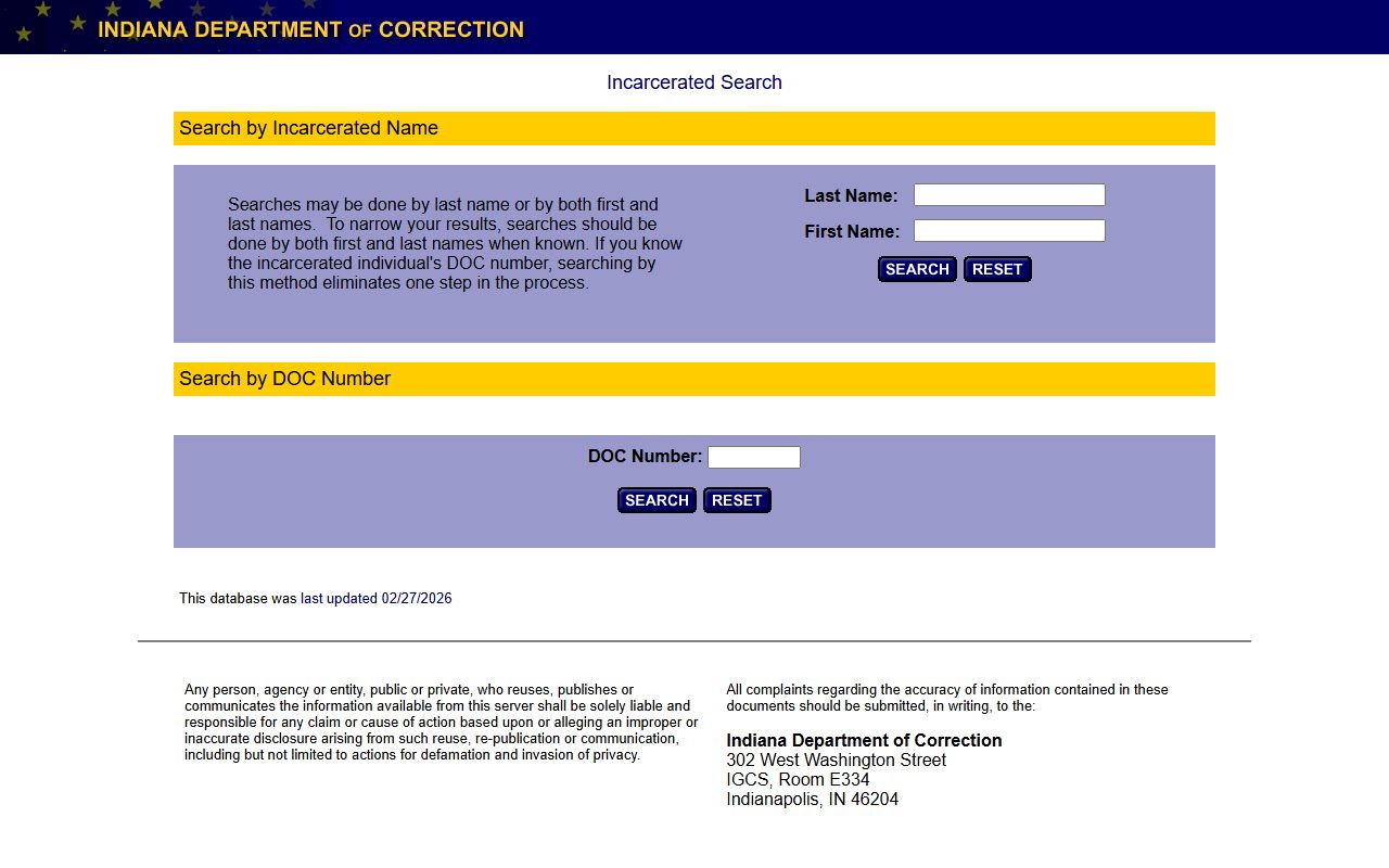 Indiana Department of Correction offender locator database for state prison inmates and jail mugshot records